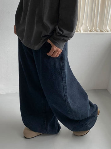 Hendelo Star Rivet Embroidery Balloon Denim Wide Pants